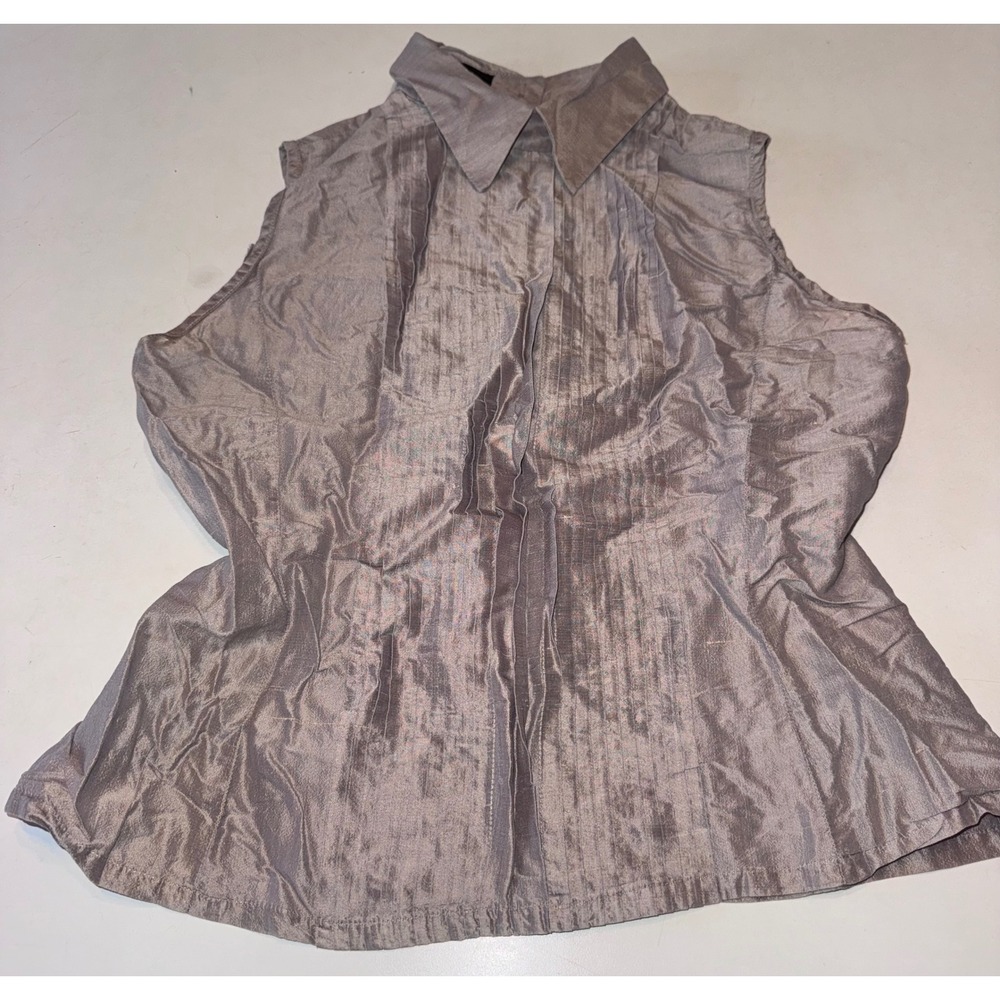 Linda Allard Ellen Tracy Petite Silk Sleeveless Blouse Back Button Taupe Size 6P